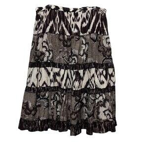 Chicos 3 Womens Maxi Skirt XL Black Brown Tiered Earthy‎ Floral Ikat Print Artsy
